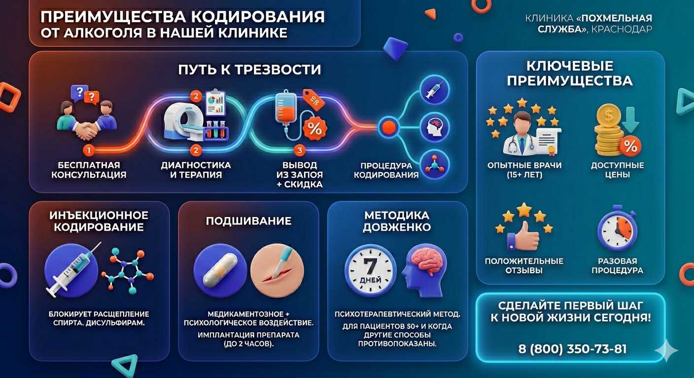 Инфографика о методах кодирования от алкоголя в Харабалях: инъекции, подшивание, метод Довженко. Преимущества клиники и этапы лечения.