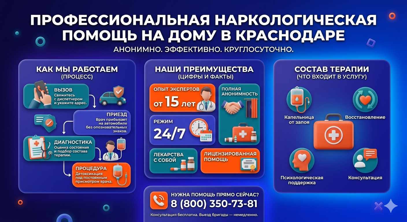 Инфографика о принципах лечения алкоголизма на дому в Харабалях: этапы вызова нарколога, преимущества анонимной детоксикации и состав медицинской помощи.